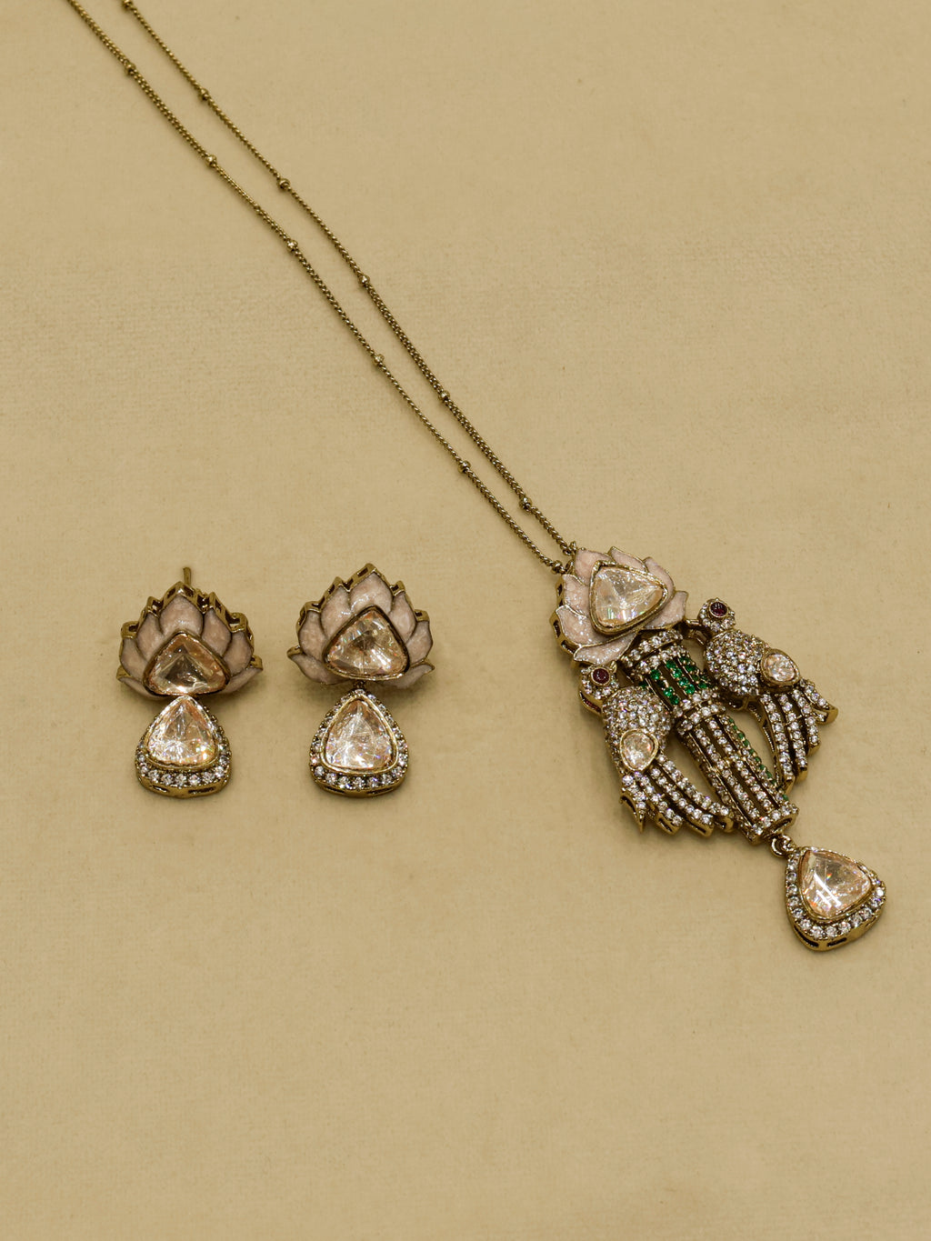Aanura Lotus Motif Long Necklace Set with Earrings