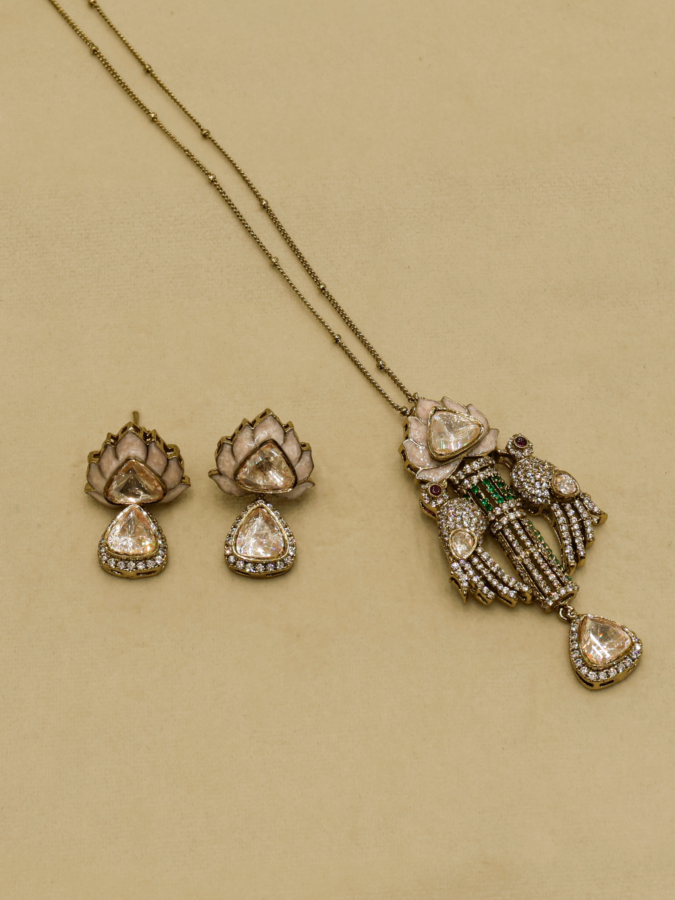 Aanura Lotus Motif Long Necklace Set with Earrings