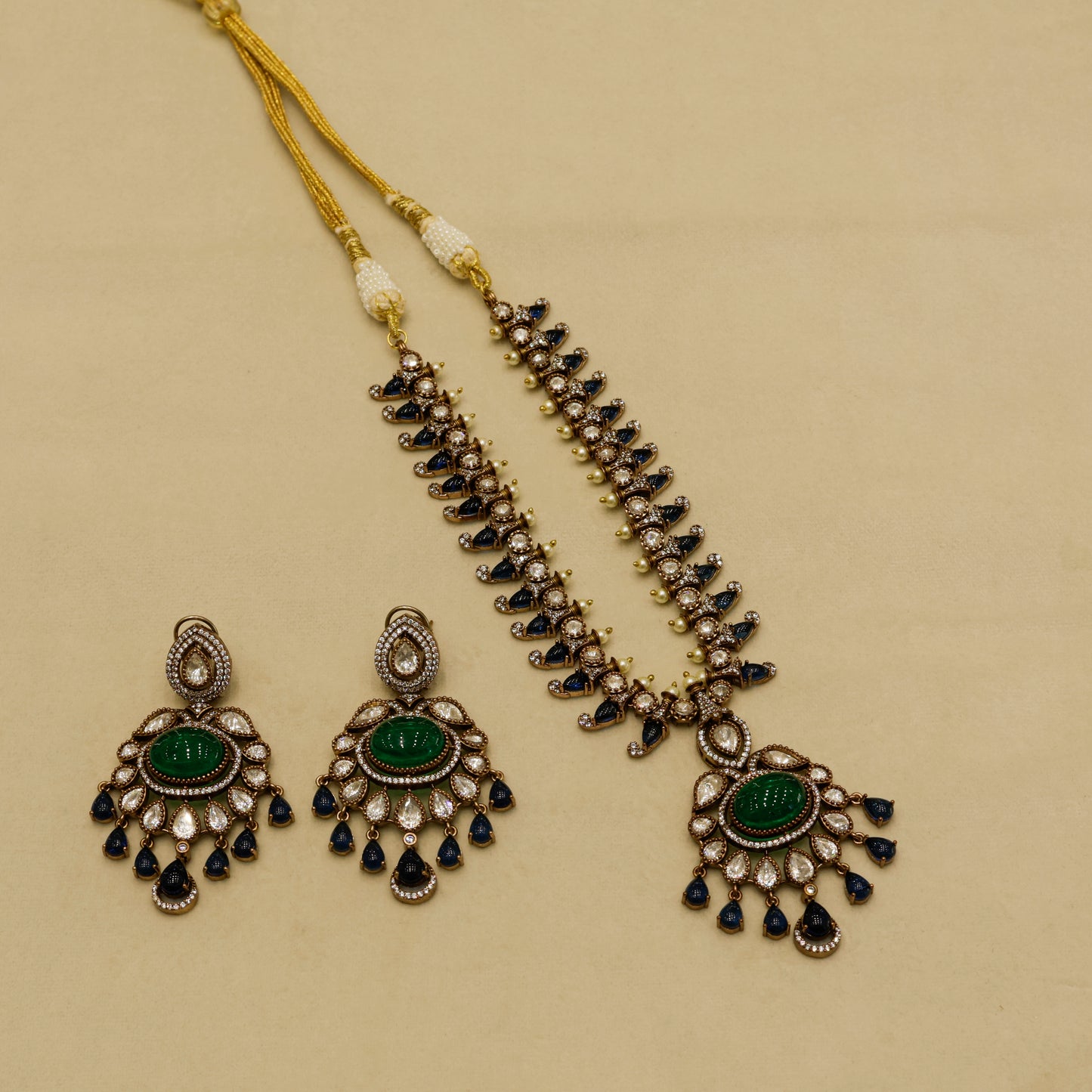 Aanura Royal Green Kundan Bridal Necklace with Earrings