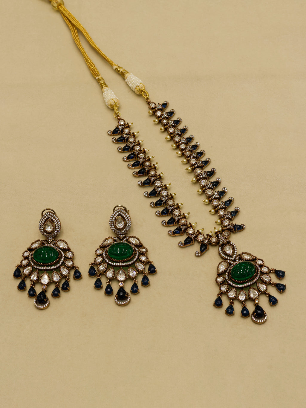 Aanura Royal Green Kundan Bridal Necklace with Earrings