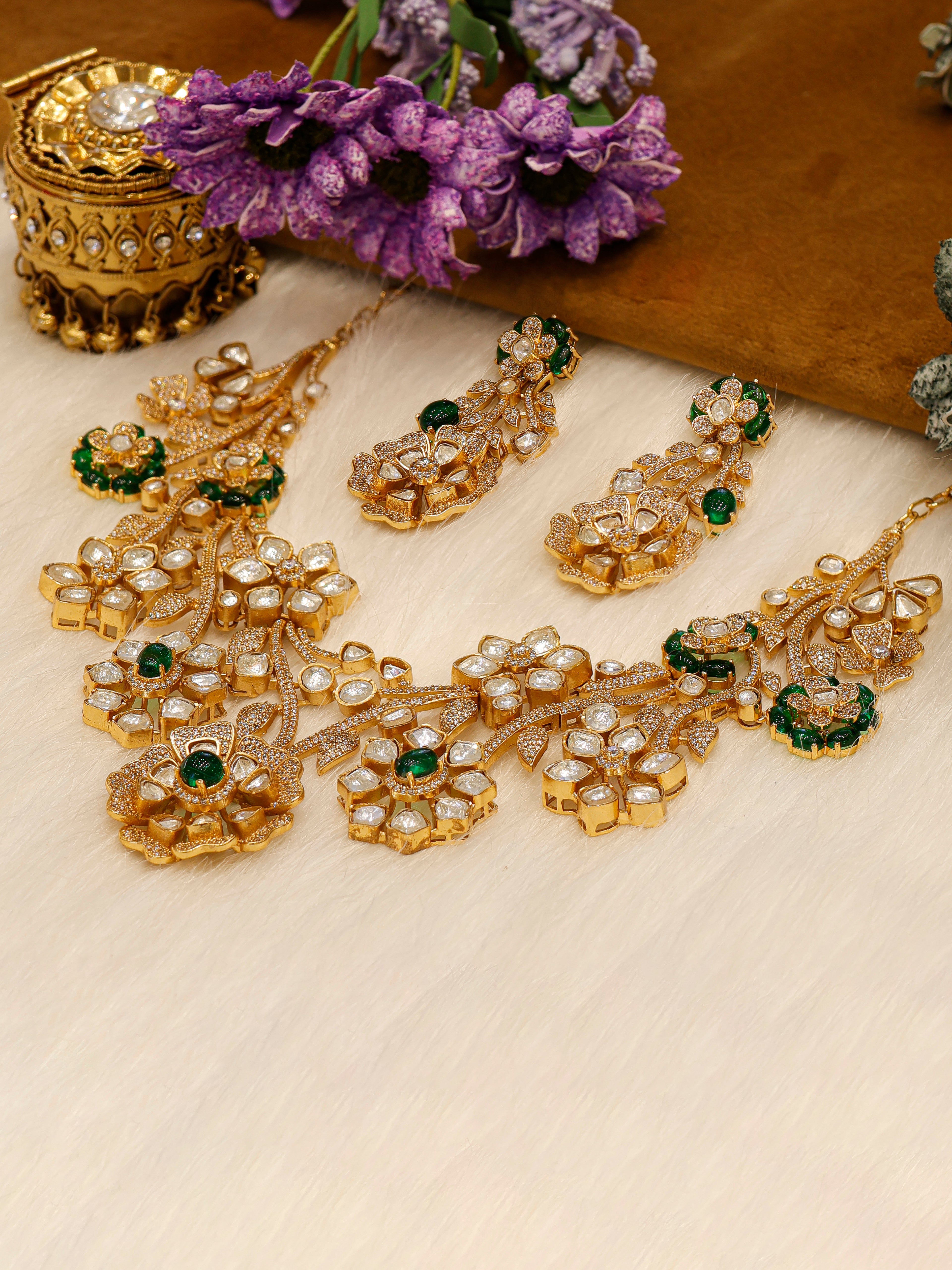 Aanura Floral Kundan Bridal Necklace Set with Earrings