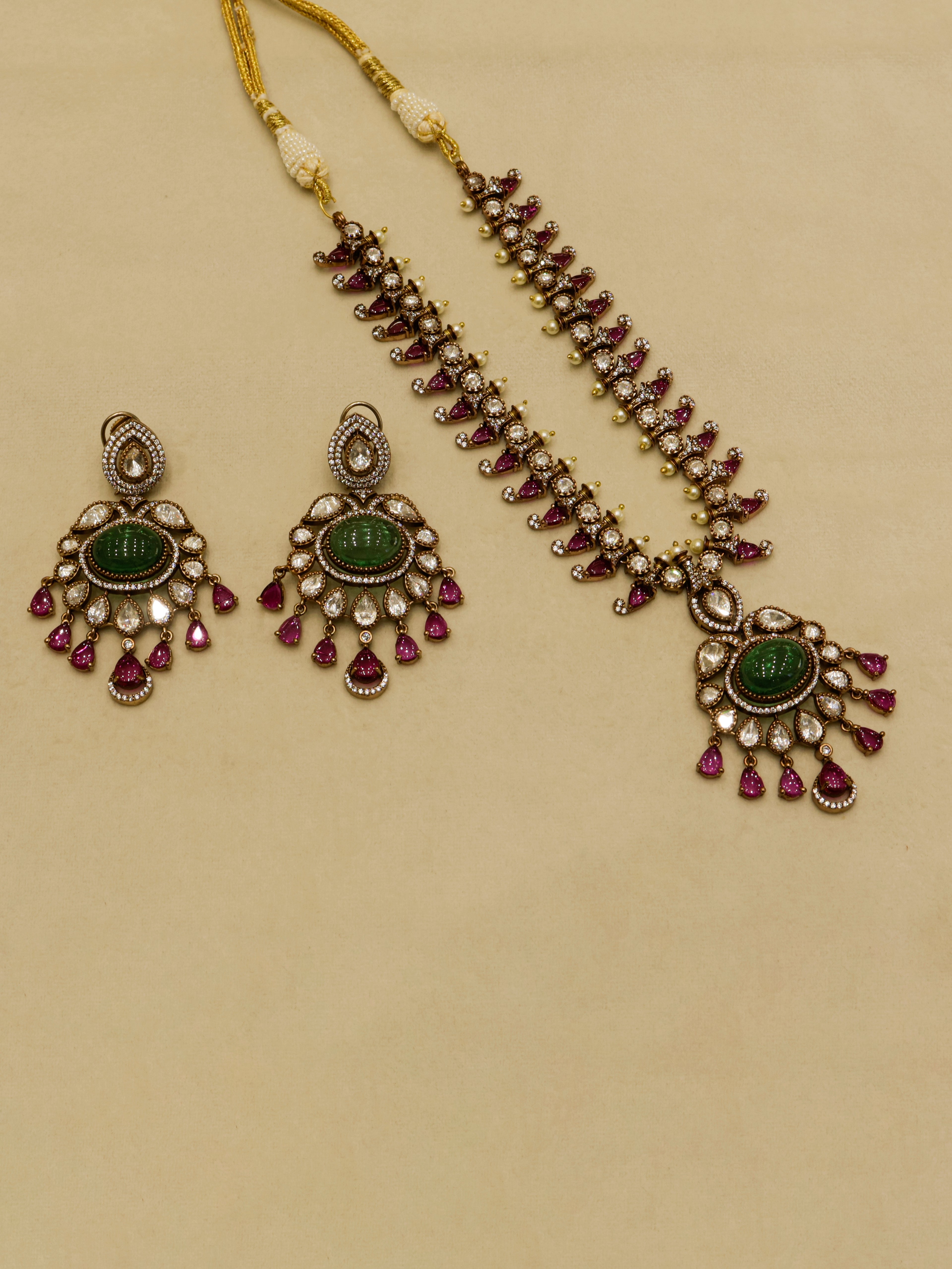 Aanura Royal Green Kundan Bridal Necklace with Earrings