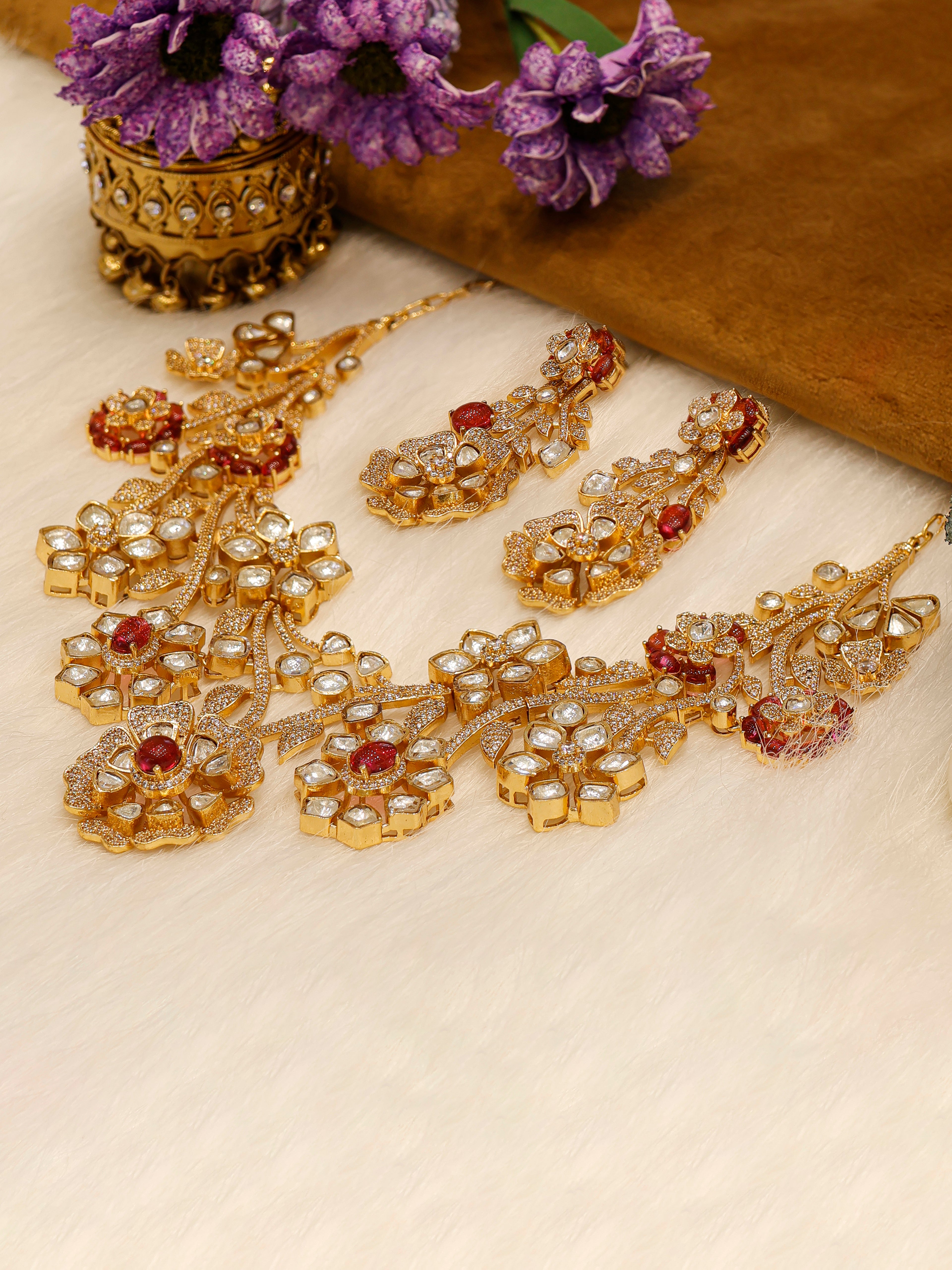 Aanura Floral Kundan Bridal Necklace Set with Earrings