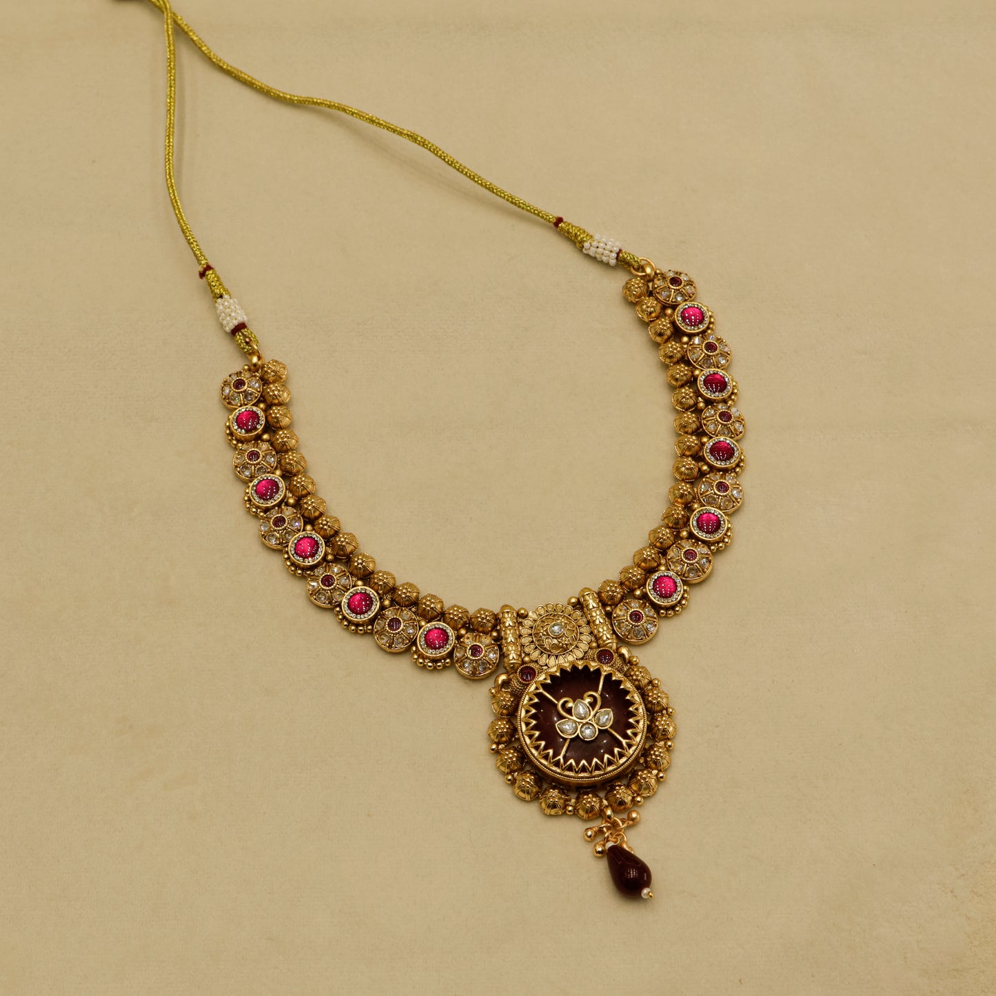 Aanura Circular Heritage Necklace with Green Stones