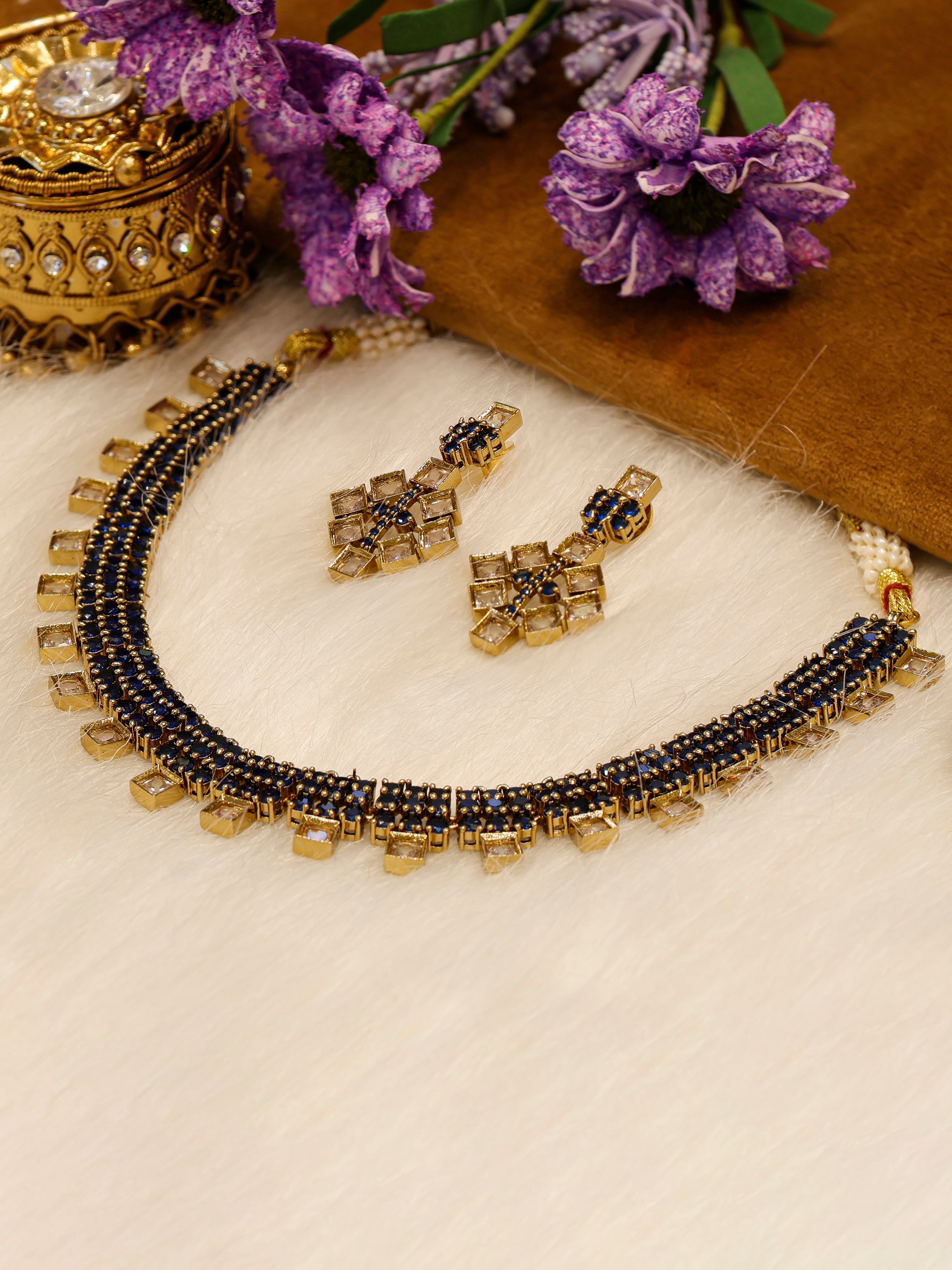 Aanura Green Beaded Choker Necklace Set with Earrings