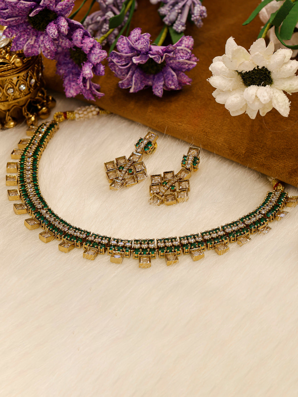 Aanura Green Beaded Choker Necklace Set with Earrings