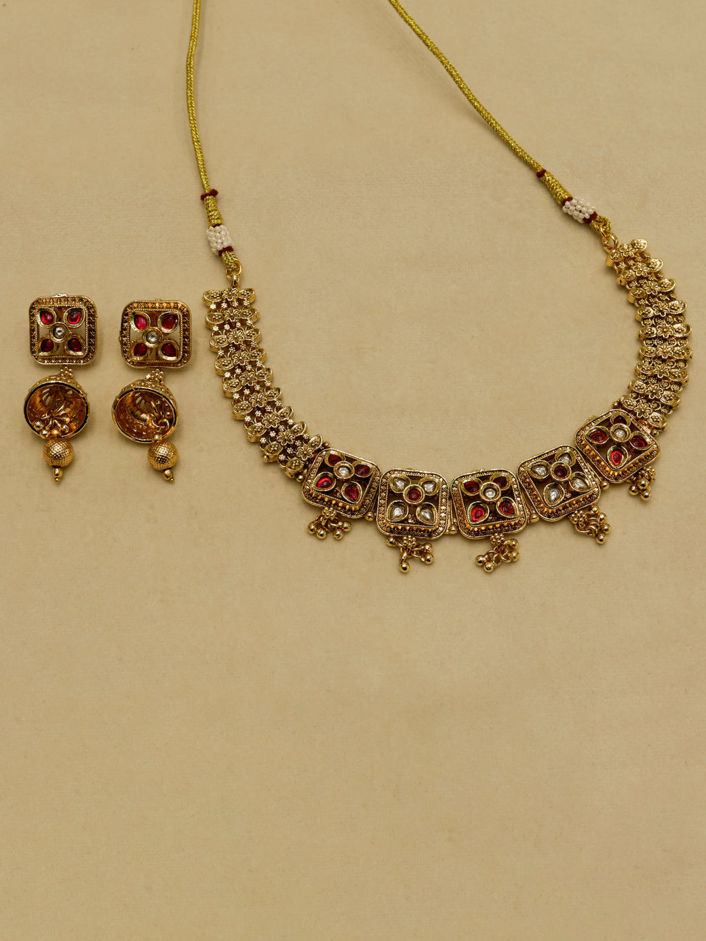 Aanura Antique Square Panel Choker Set with Earrings