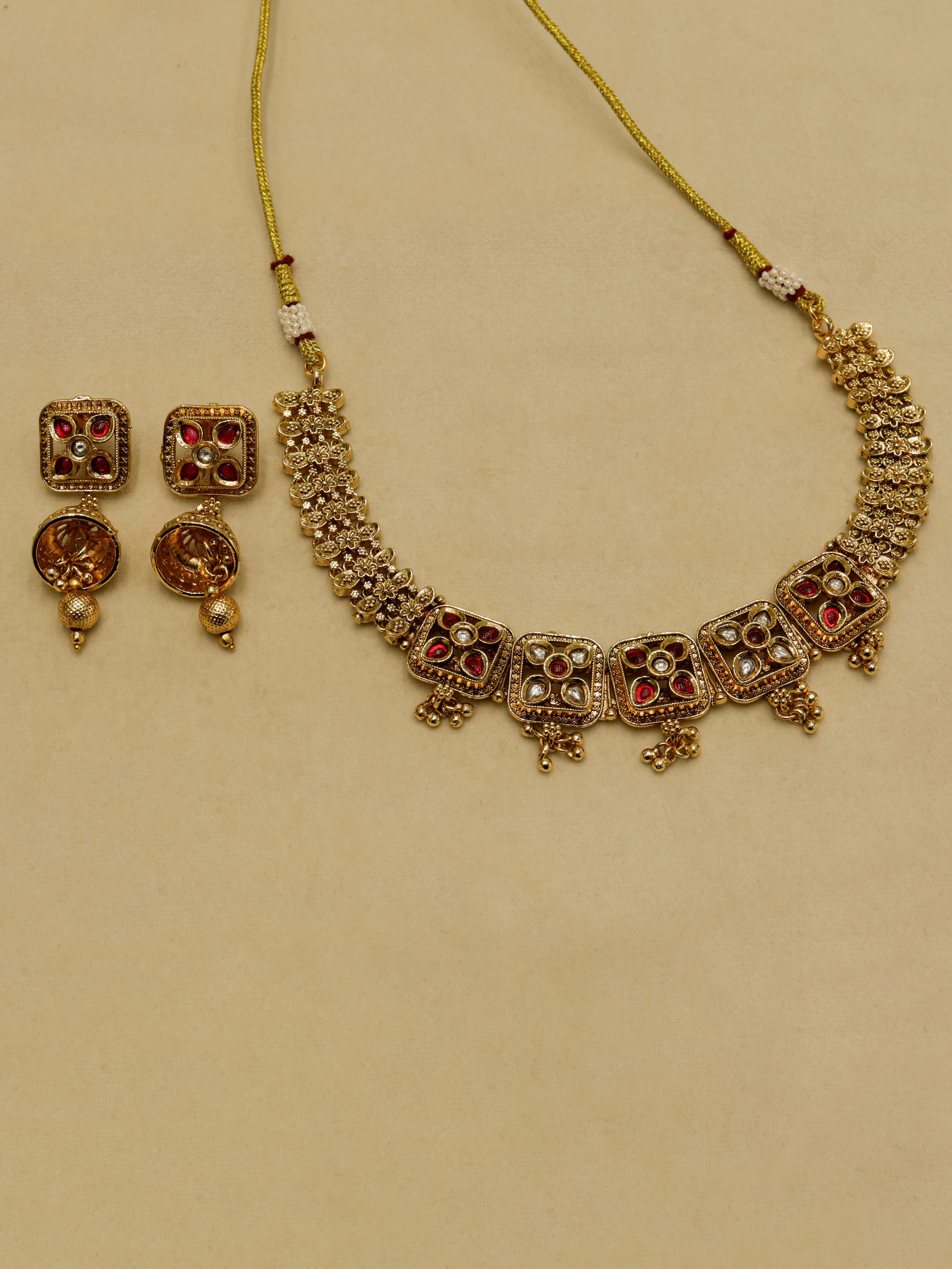 Aanura Antique Square Panel Choker Set with Earrings