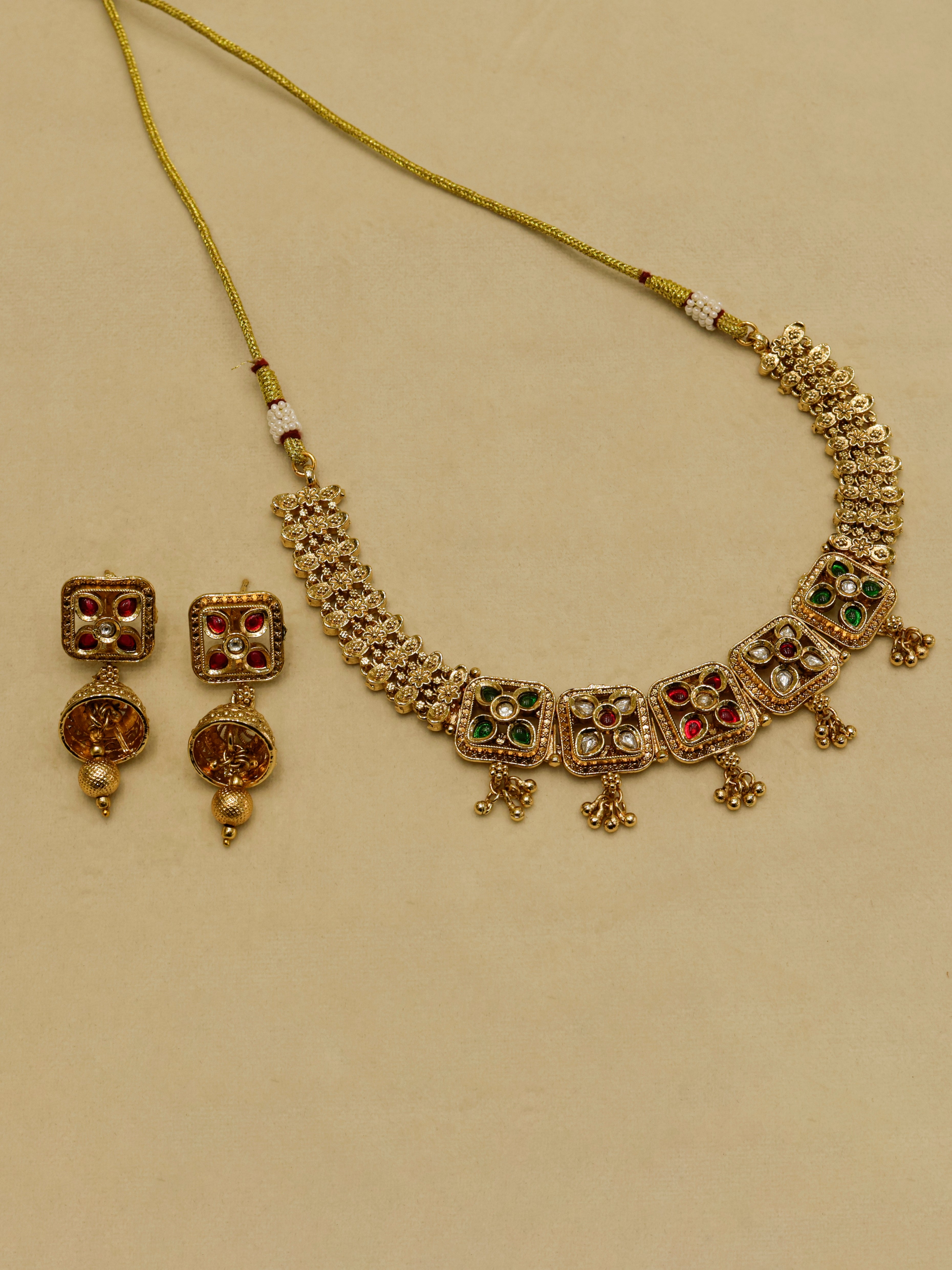 Aanura Antique Square Panel Choker Set with Earrings