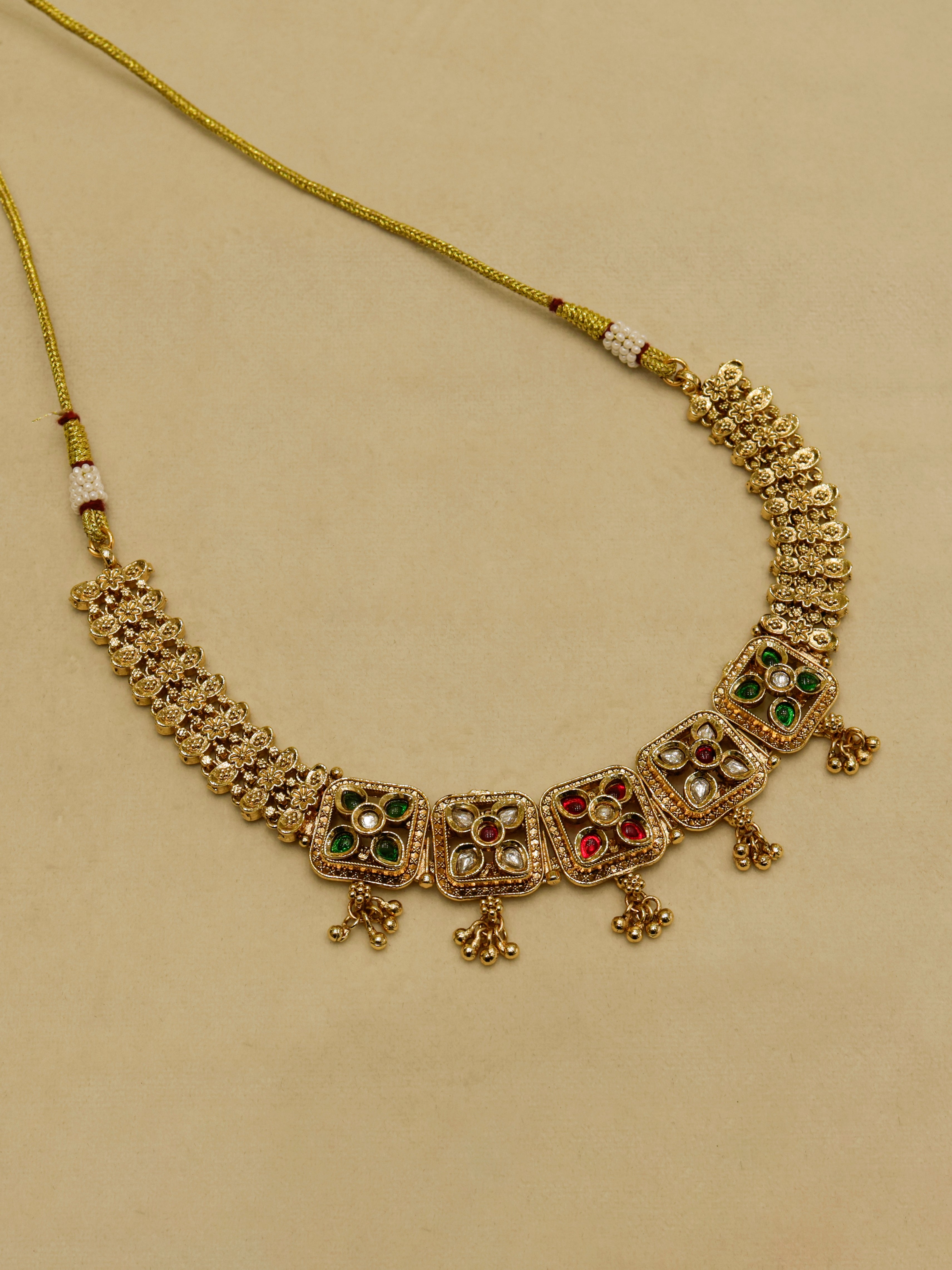 Aanura Antique Square Panel Choker Set with Earrings