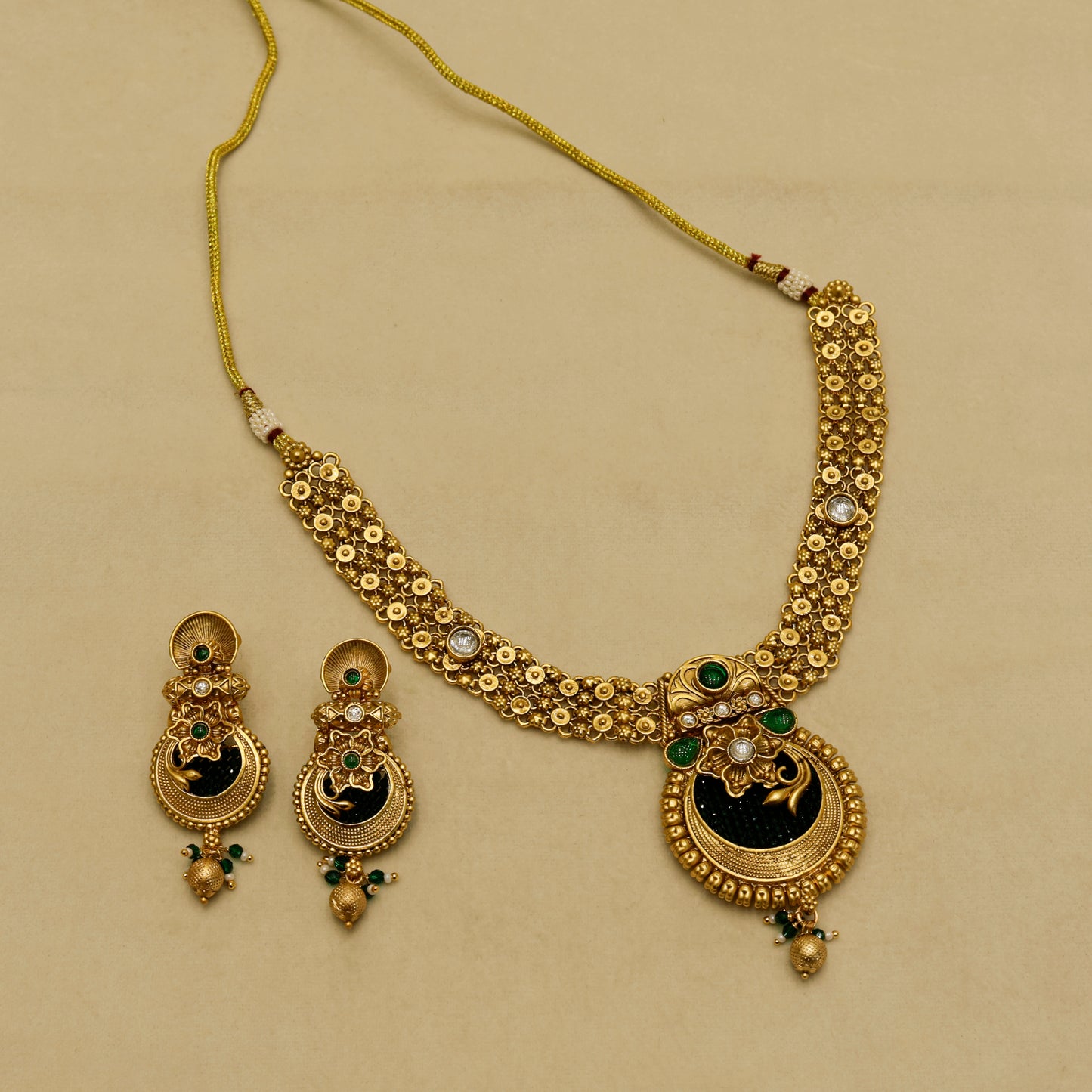 Aanura Temple Style Gold Necklace Set with Earrings
