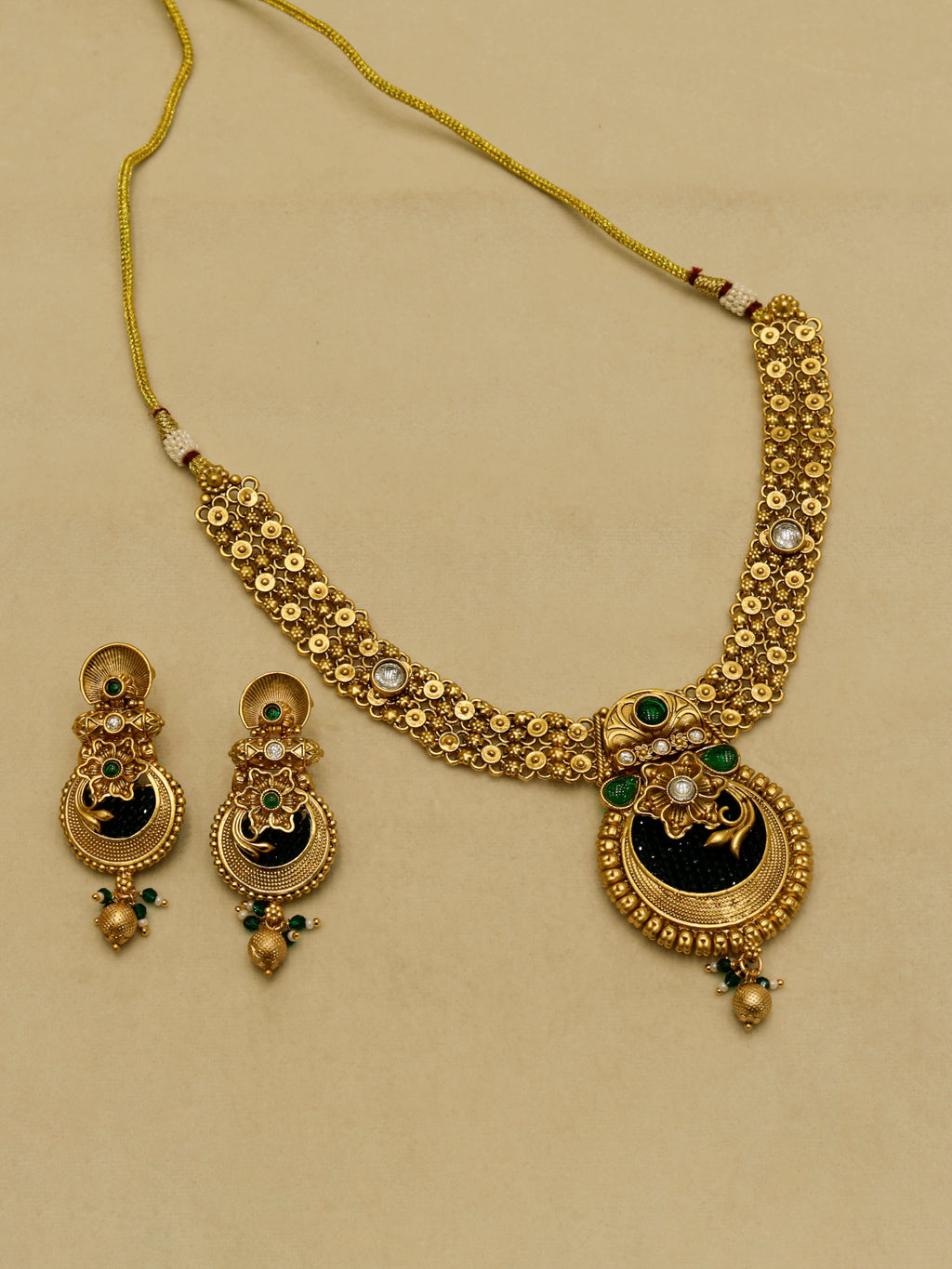 Aanura Temple Style Gold Necklace Set with Earrings