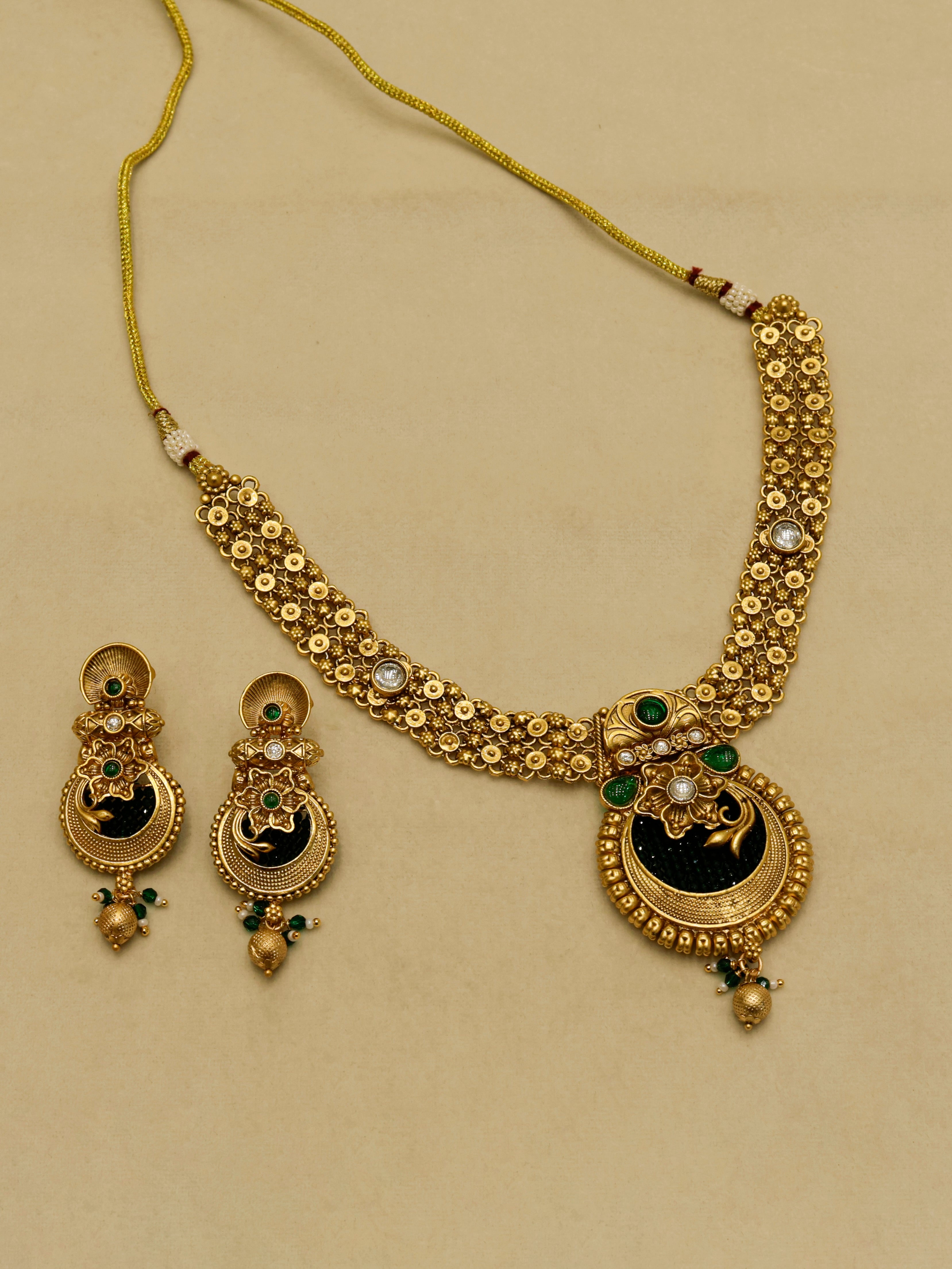 Aanura Temple Style Gold Necklace Set with Earrings