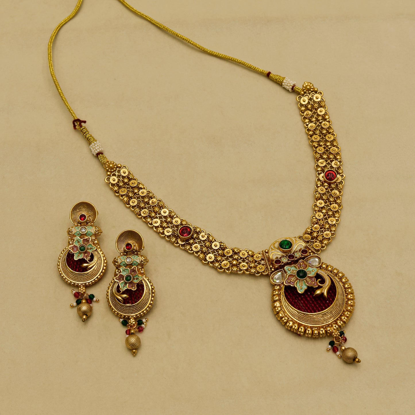 Aanura Temple Style Gold Necklace Set with Earrings