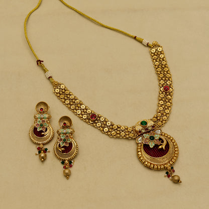 Aanura Temple Style Gold Necklace Set with Earrings