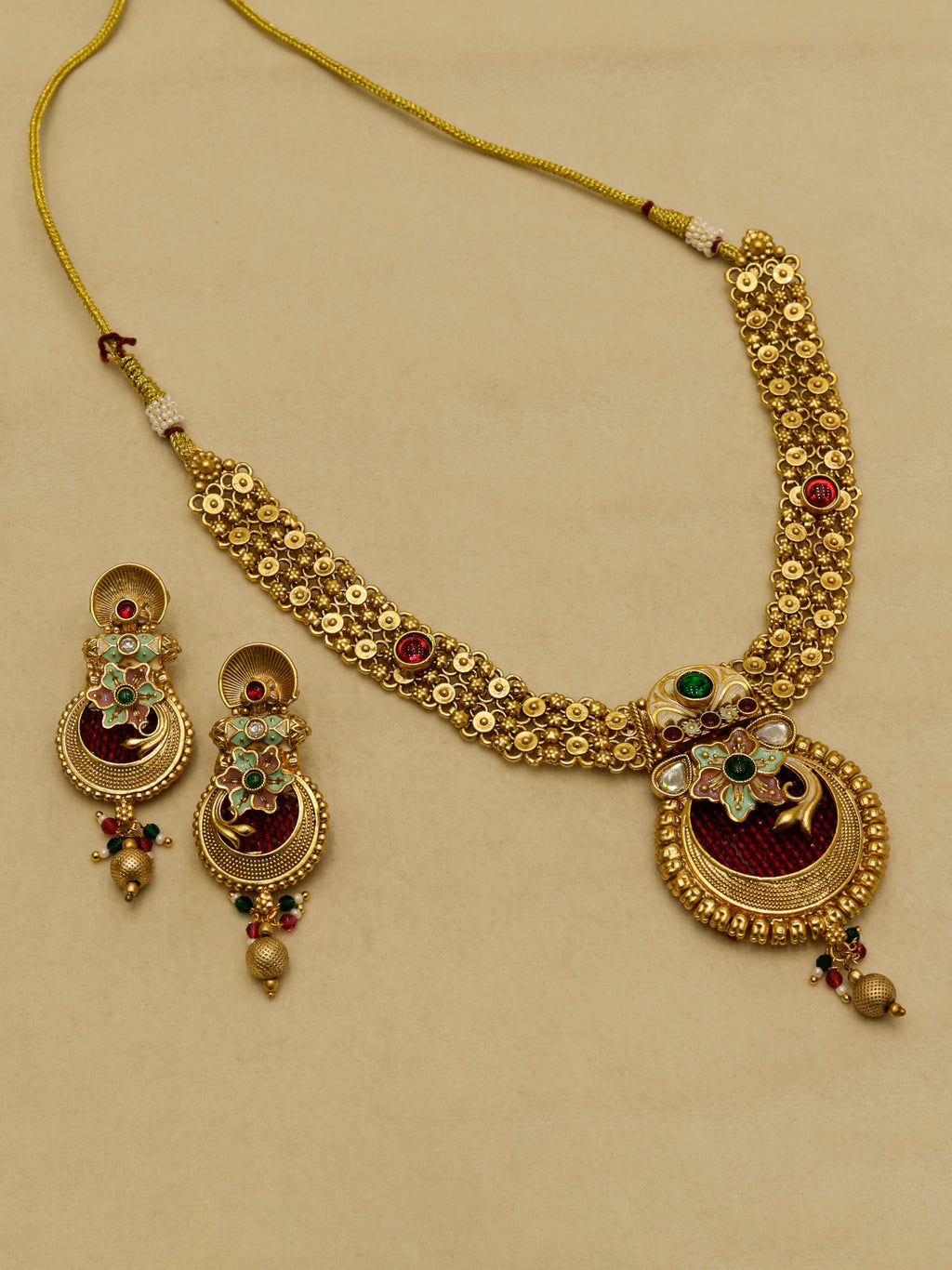 Aanura Temple Style Gold Necklace Set with Earrings