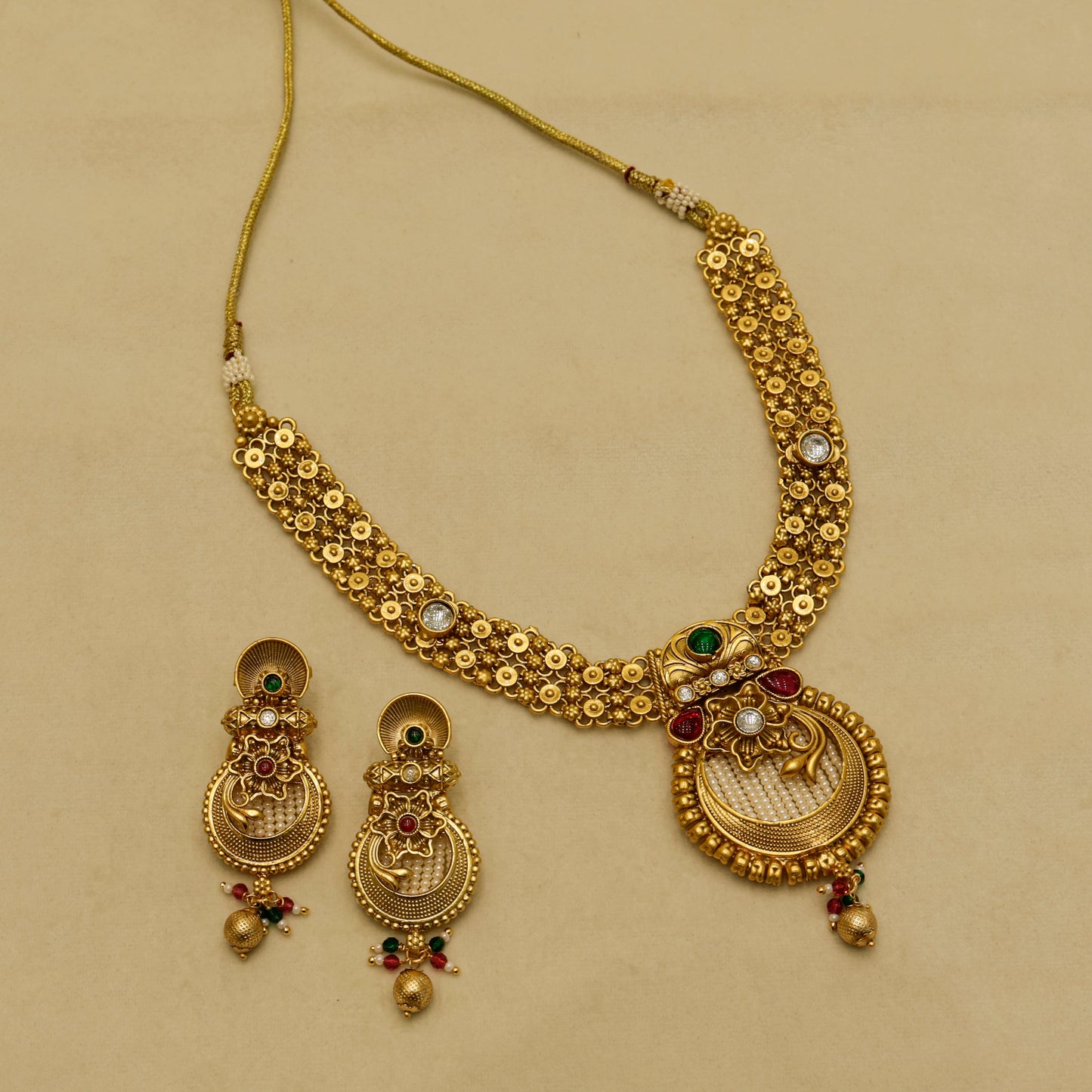 Aanura Temple Style Gold Necklace Set with Earrings