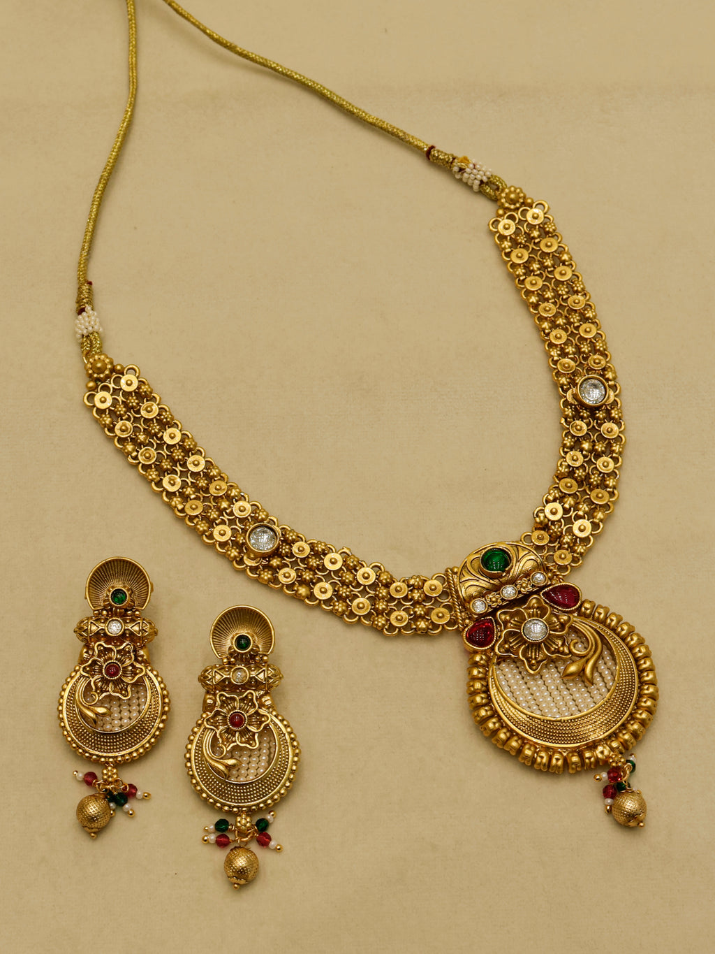 Aanura Temple Style Gold Necklace Set with Earrings