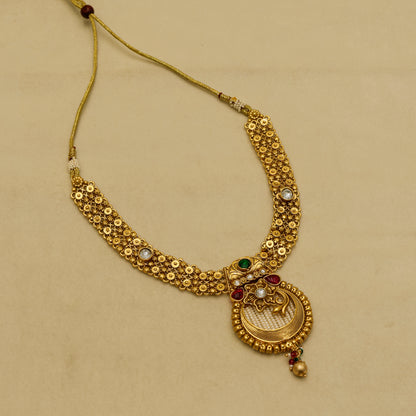 Aanura Temple Style Gold Necklace Set with Earrings