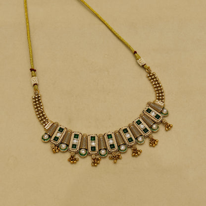 Aanura Antique Green Kundan Choker Necklace Set