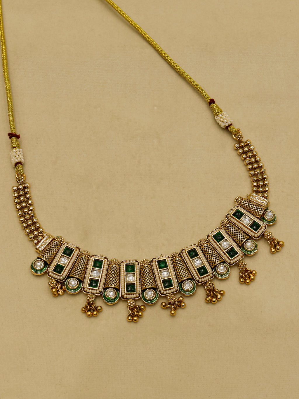 Aanura Antique Green Kundan Choker Necklace Set