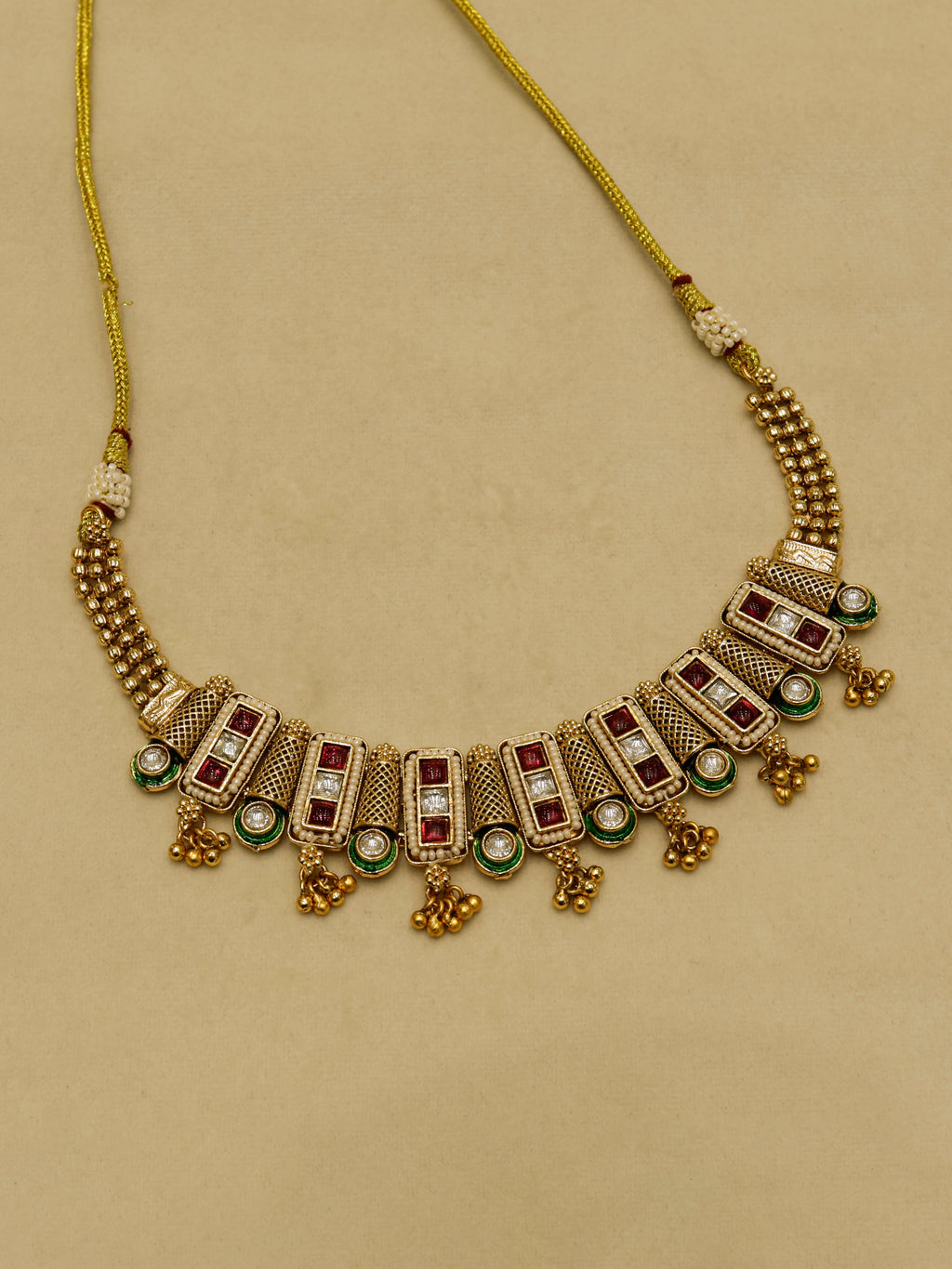 Aanura Antique Green Kundan Choker Necklace Set
