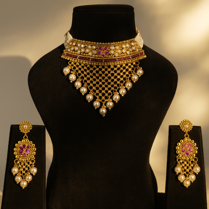 Aanura Pearl Bridal Choker Necklace with Ruby Motifs