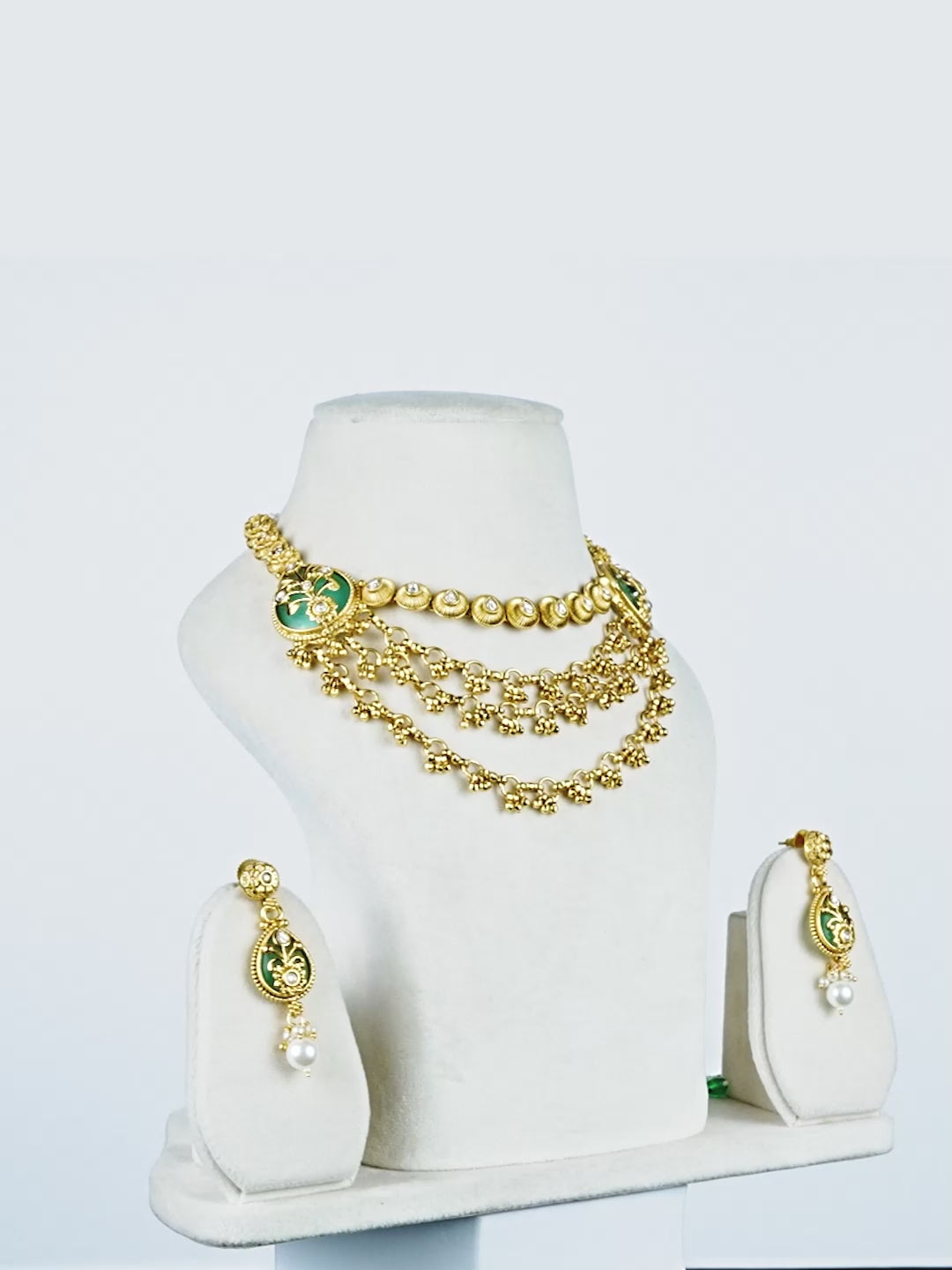 Aanura Layered Gold Necklace Set with Pearl Drop Earrings