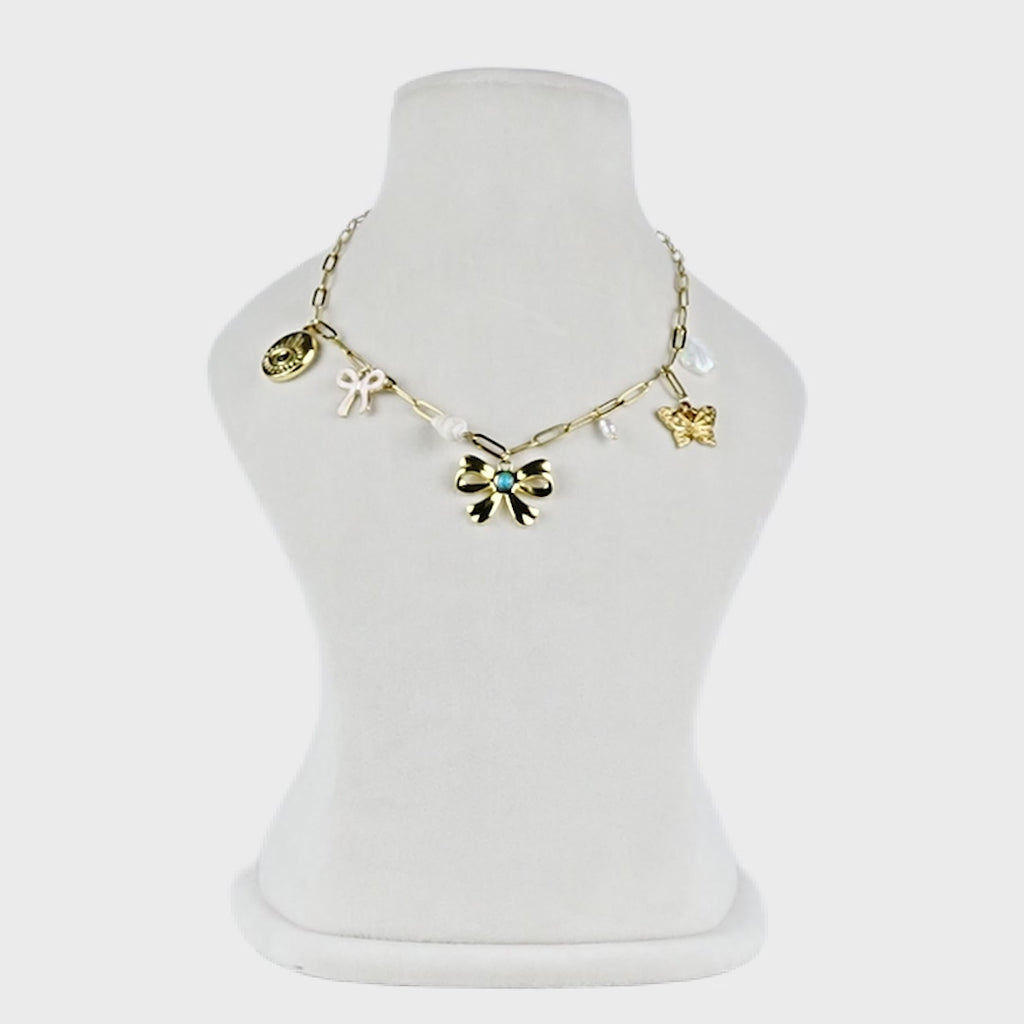 Aanura Gold Charm Necklace with Bow & Butterfly