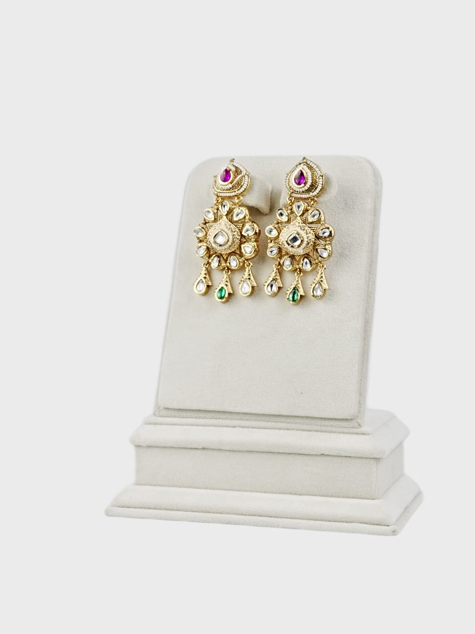 Aanura Gold Kundan Earrings with Red & Green Stones