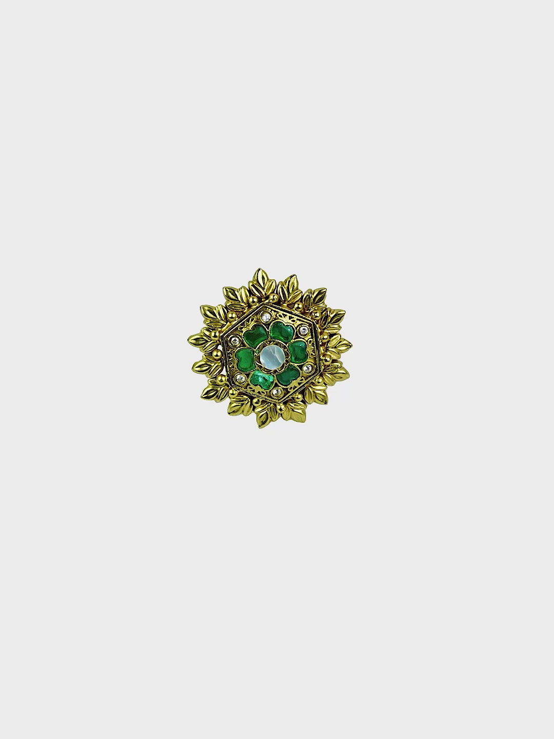 Aanura Gold-Plated Hexagon Green Floral Ring