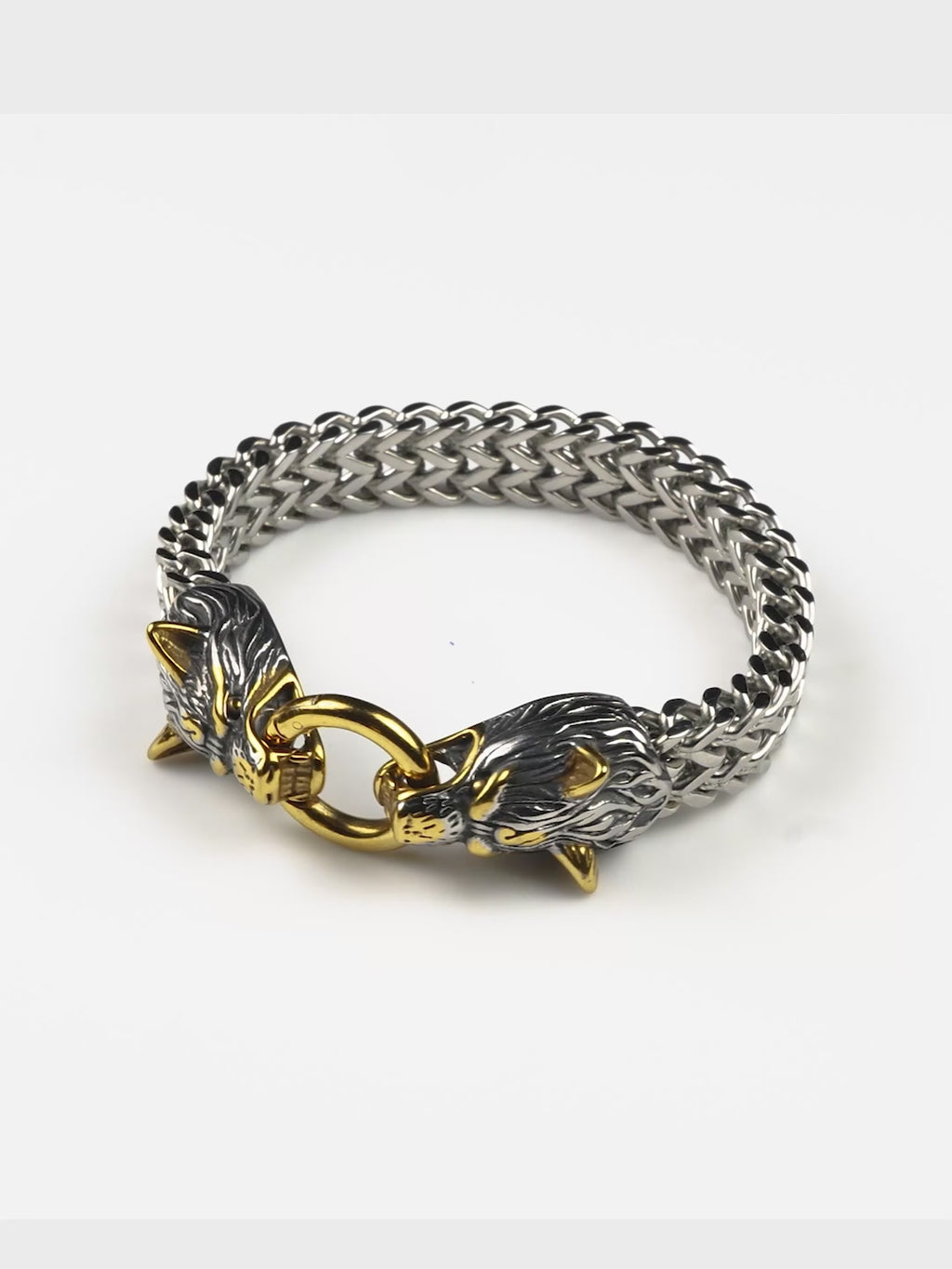 Rhodium-Plated Waterproof Dual-Tone Wolf Head Stainless Steel Bracelet for Men