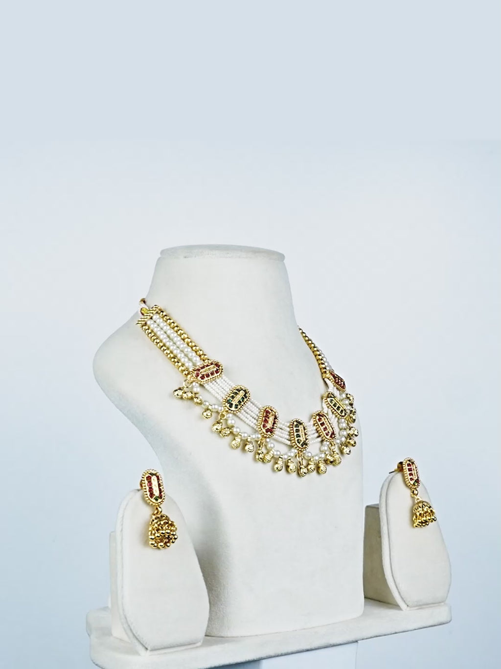 Aanura Multi-Strand Pearl Necklace with Kundan Earrings