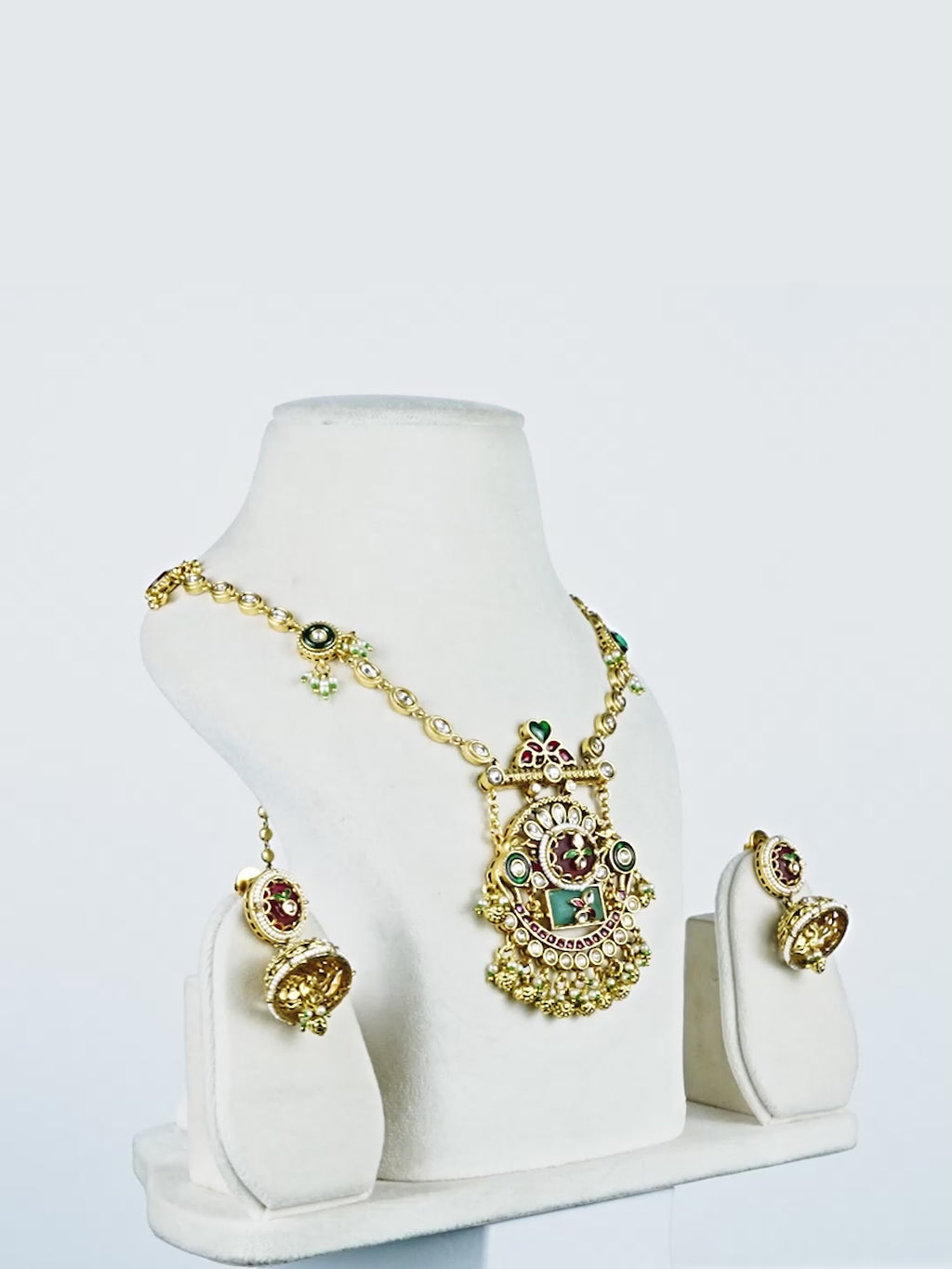 Aanura Long Temple Necklace Set with Green & Red Stones