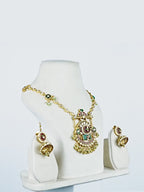 Aanura Long Temple Necklace Set with Green & Red Stones